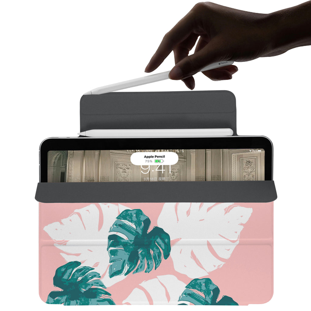 the VistaCase Personalized iPad Slim Fit Case with Pink Flower 2 design,  The case includes built-in storage and a cutout for easy magnetic attachment of your Pencil, ensuring it's always within reach.