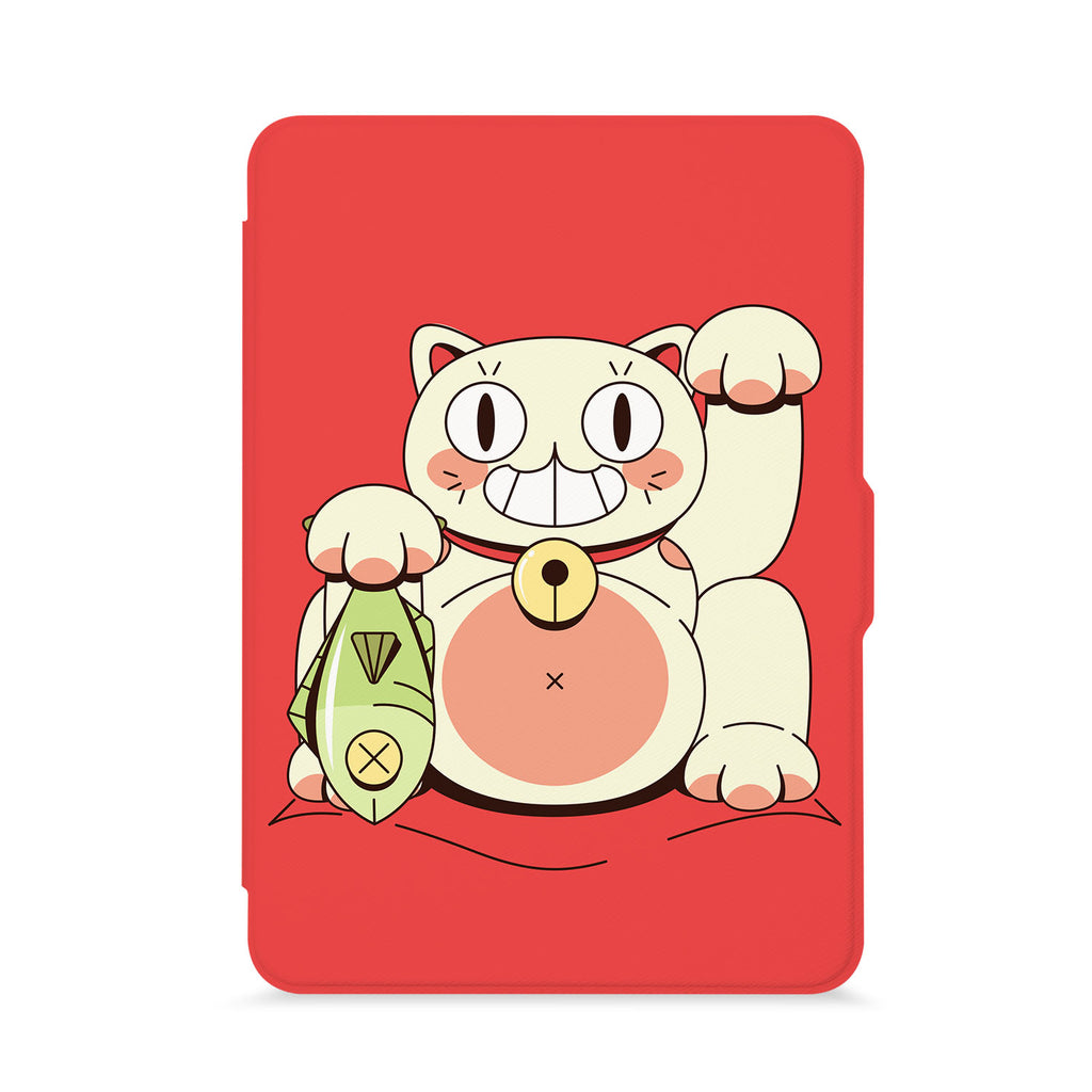 front view of personalized kindle paperwhite case with Sushi Cats design