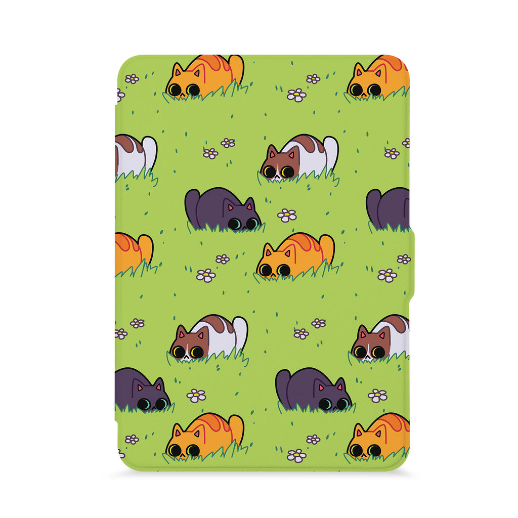 front view of personalized kindle paperwhite case with Sushi Cats design