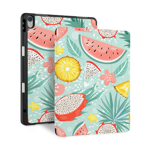 front and back view of personalized iPad case with pencil holder and Tropical Fruits design